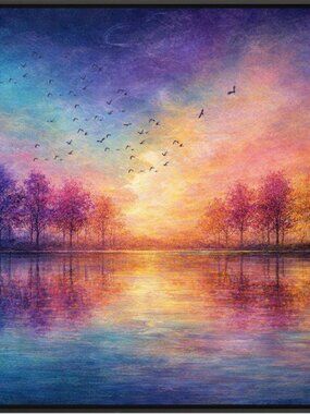 Purple Orange Sunset Lake Landscape Wall Art Print